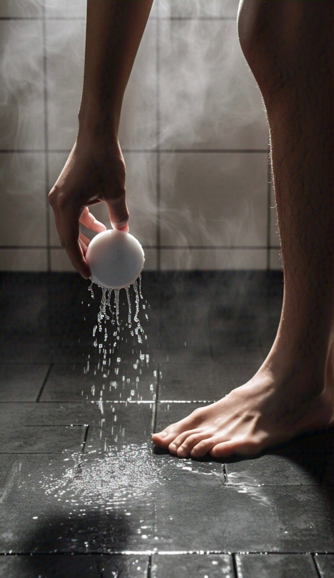 Hand holding a shower steamer over a shower floor, about to place it down, with steam rising around the tiles
