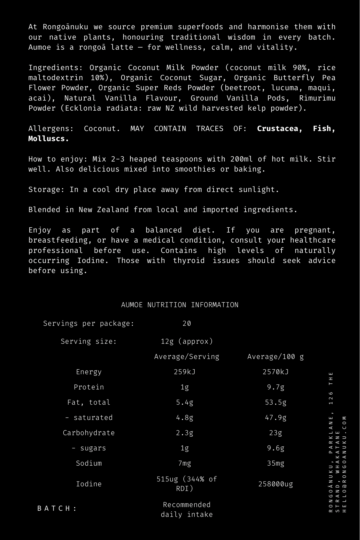 Aumoe Rongoā Latte Powder nutritional label and preparation instructions, showing ingredients, serving size, and usage guidance on the packaging