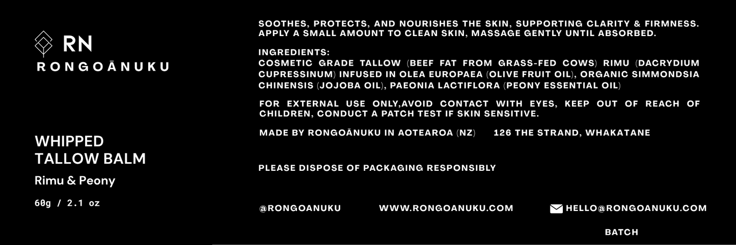 Back label of RN Rongoônuku whipped tallow balm packaging with text and branding.