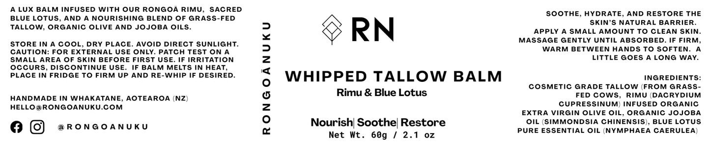 Product label for 60g Rimu & Blue Lotus Whipped Tallow Balm