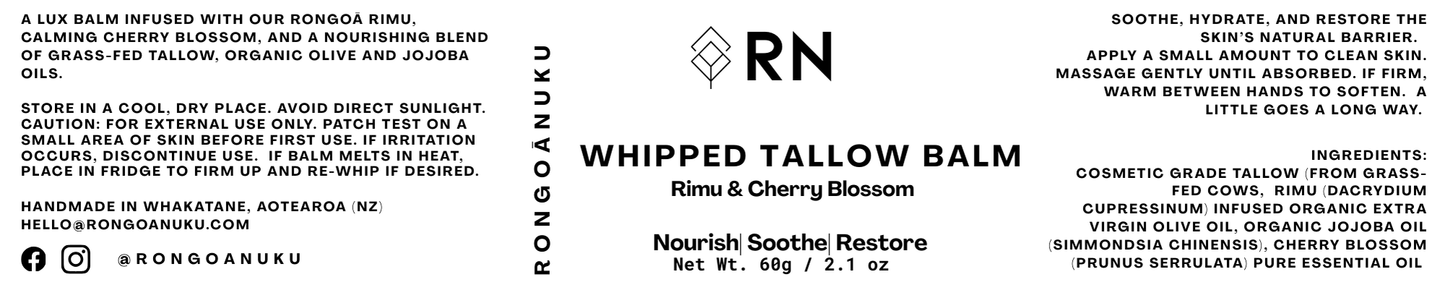 Product label for 60g Rimu & Cherry Blossom Whipped Tallow Balm