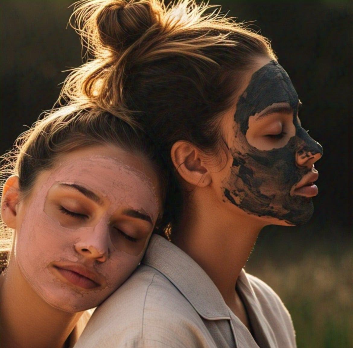 Two females one wearing pink clay uku face mask and the other with detox uku face mask