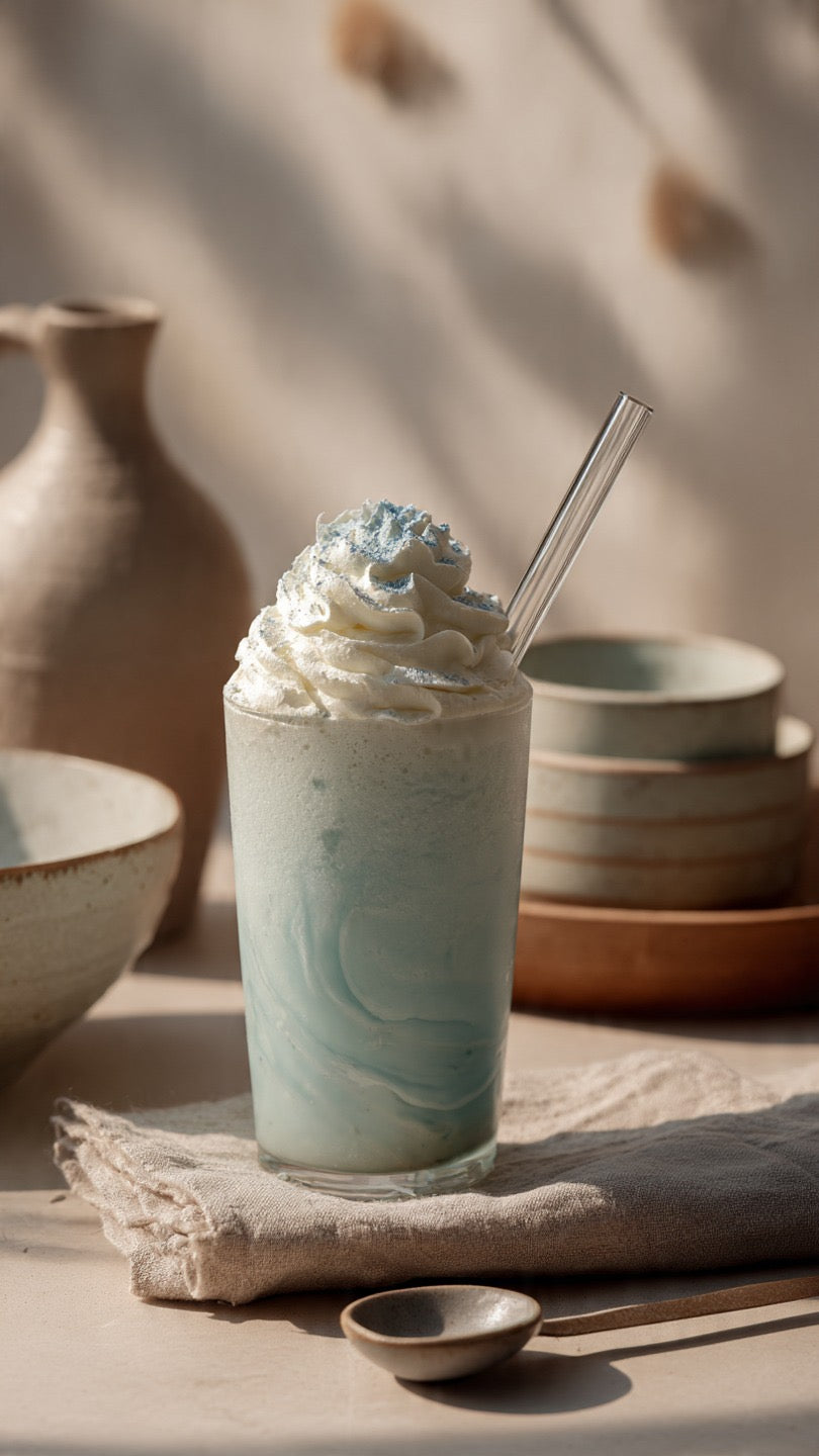 Aumoe Rongoā Latte ice cream smoothie in a glass, topped with whipped cream, showcasing a creamy, indulgent treat