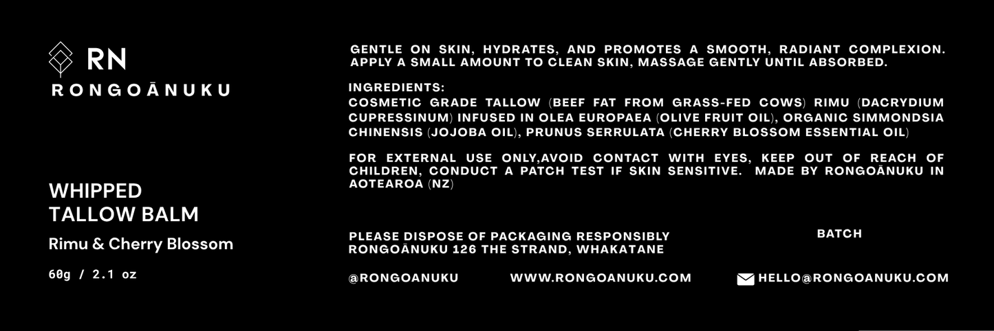 Rongoa Nuku rimu & cherry blossom whipped tallow balm label with product details and branding.
