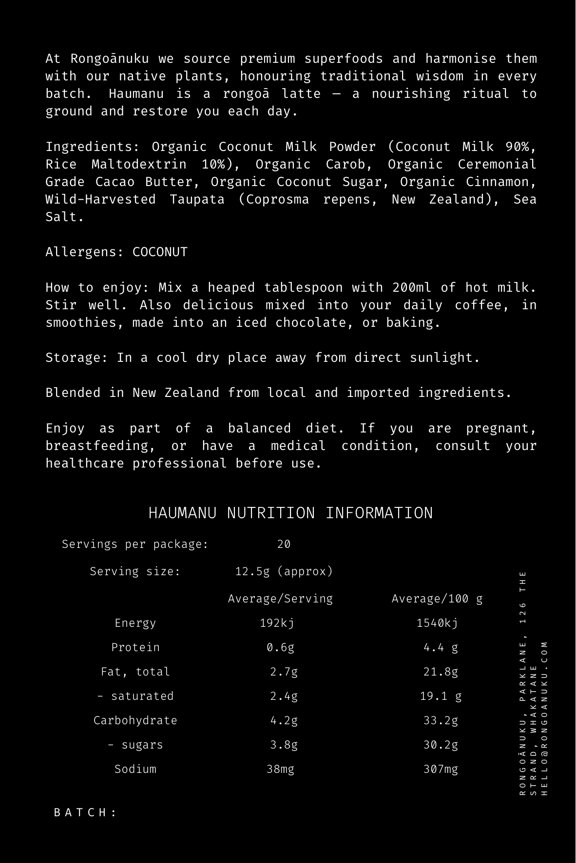 Haumanu Rongoā Latte Powder nutritional label and preparation instructions, showing ingredients, serving size, and usage guidance on the packaging.”