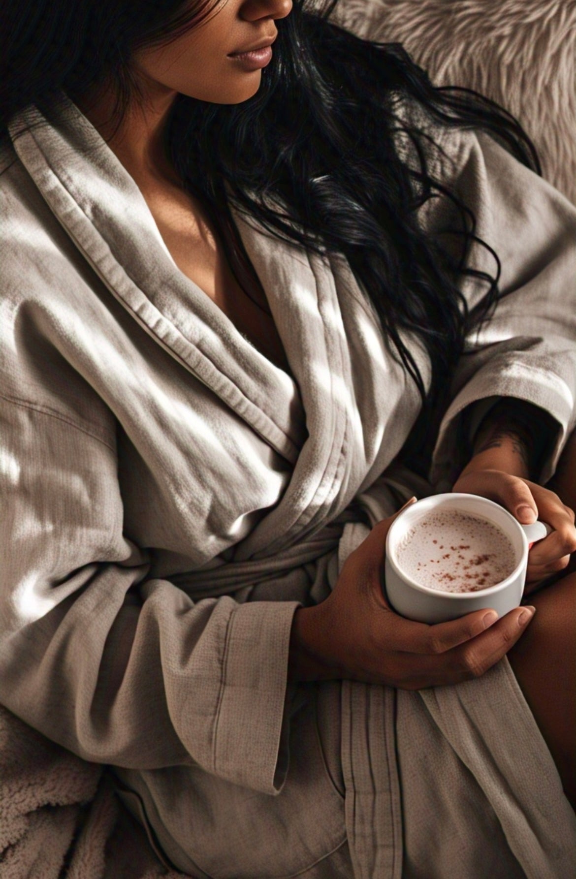 Young woman in a linen robe sitting and relaxing while holding a cup of Haumanu Rongoā Latte, showing the latte prepared in a mug with a creamy, frothy top