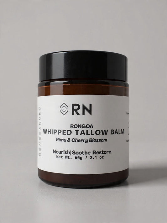 60g amber jar of Cherry Blossom and Rimu whipped tallow balm with a white product label