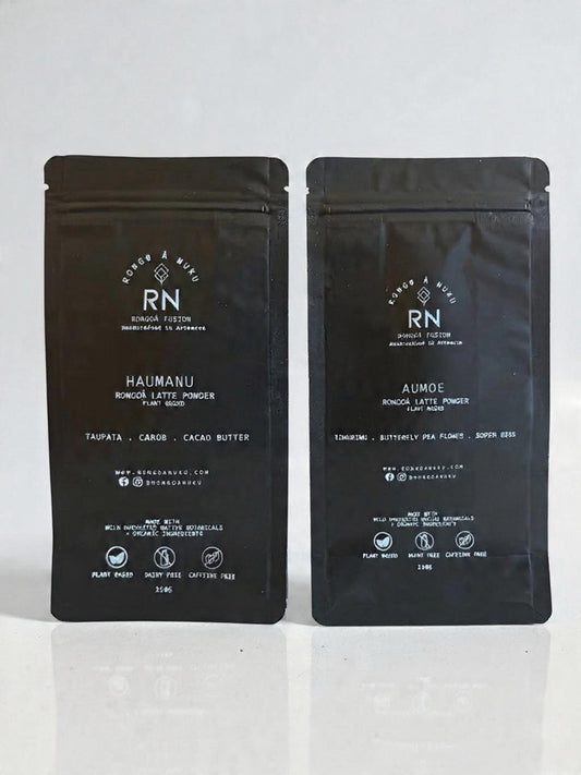 Superfood latte powders infused with rongoa - native botanicals.  Caffeine free, vegan, organic + wildharvested ingredients.