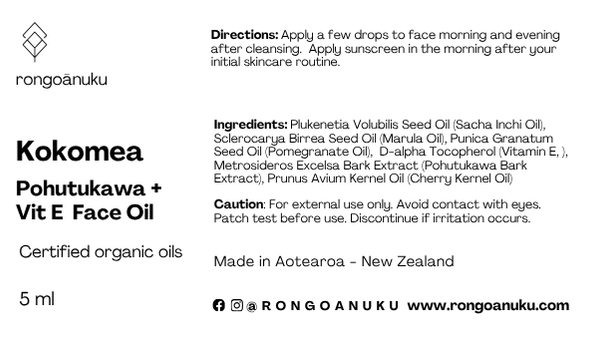 5ml Kokomea Face Oil product label, ingredients, directions and cautions