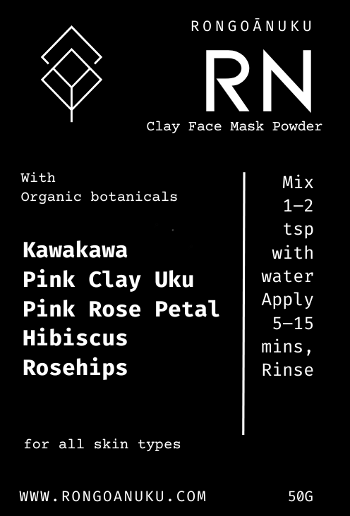 Pink Clay & Kawakawa Face Mask Powder product label with instructions and ingredients