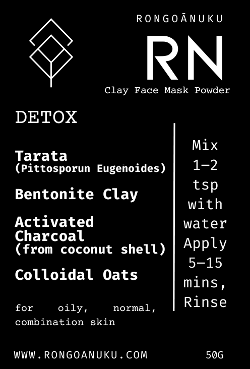 Rongoānuku Detox clay face mask powder recipe card with ingredients and instructions.