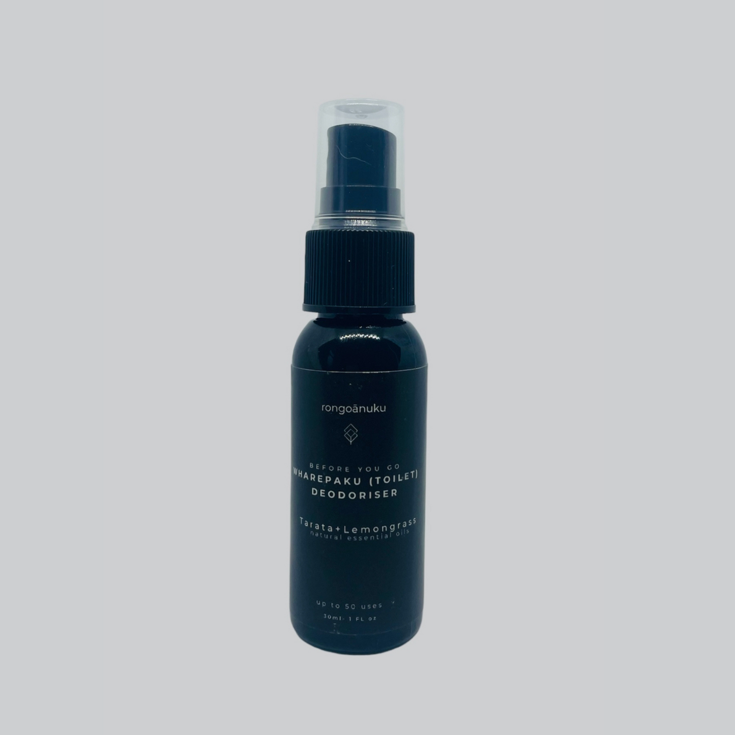 Black bottle of toilet deodoriser with a clear plastic lid
