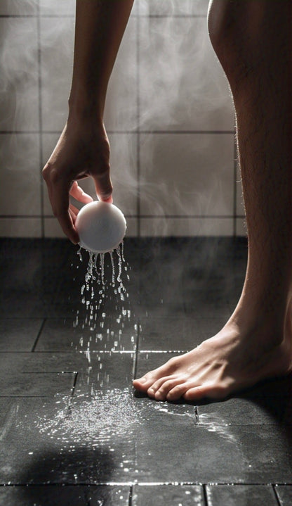 Hand holding a shower steamer over a shower floor, about to place it down, with steam rising around the tiles