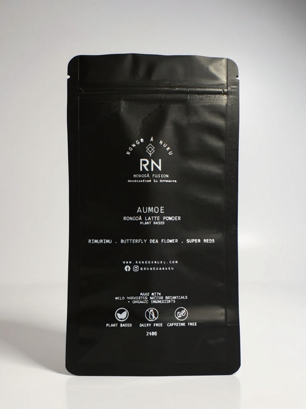 240g packet of Aumoe Rongoā Latte Powder, a plant based blend for wellness, calm and vitality shown in its branded packaging