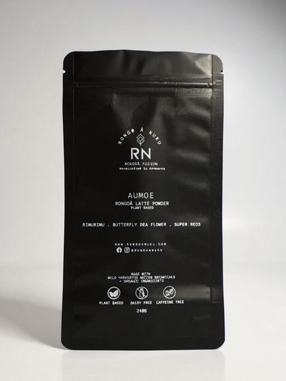 240g packet of Aumoe Rongoā Latte Powder, a plant based blend for wellness, calm and vitality shown in its branded packaging
