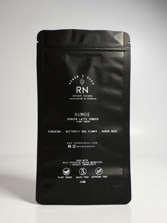 240g packet of Aumoe Rongoā Latte Powder, a plant based blend for wellness, calm and vitality shown in its branded packaging
