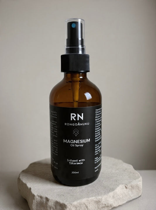 An amber glass spray bottle of Rongoanuku Magnesium Oil Spray with a black pump and black label, displayed on a rustic light gray stone slab against a neutral beige background.
