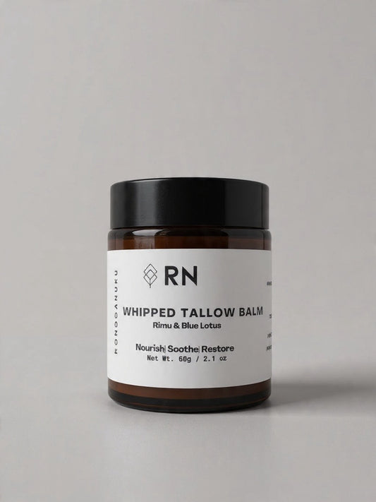 60g amber jar of whipped tallow balm with a white product label