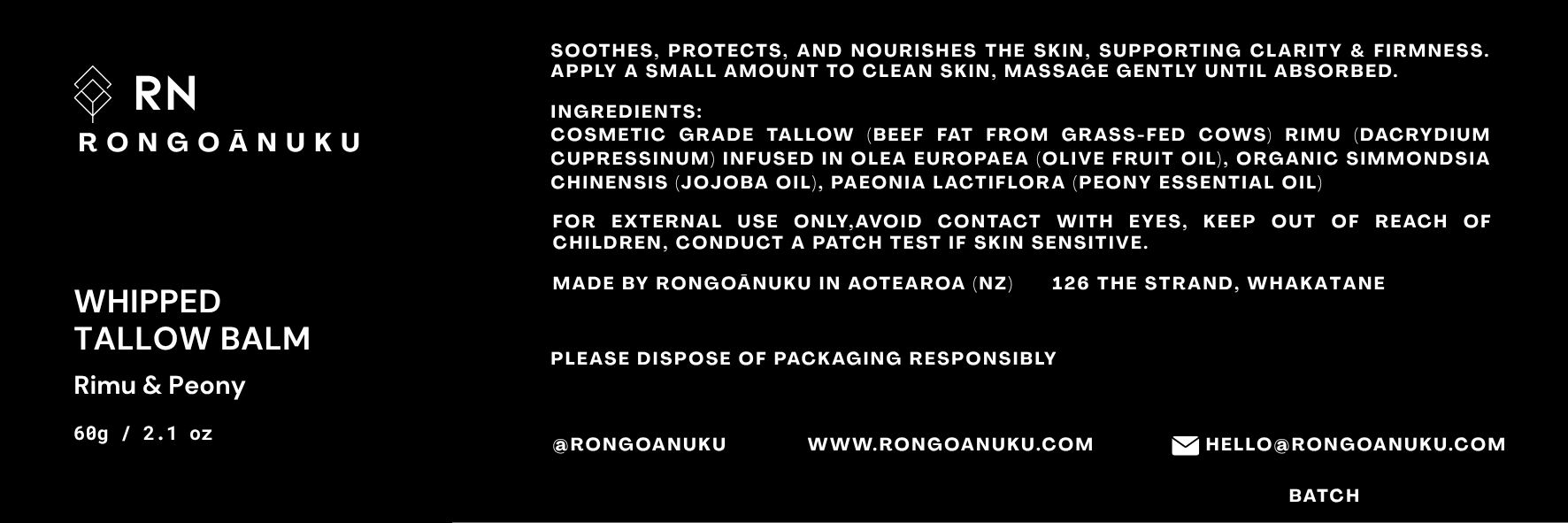 Back label of RN Rongoônuku whipped tallow balm packaging with text and branding.