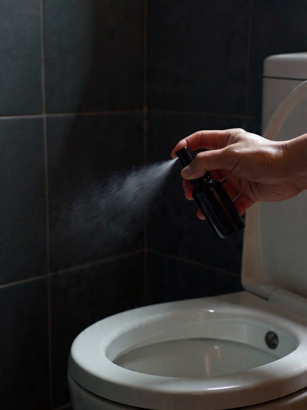 Wharepaku toilet deodoriser in a sleek 30ml black glass bottle being sprayed into a toilet bowl to prevent odours.