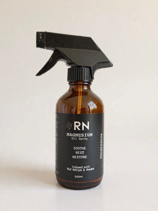 Brown spray bottle of RN Mg oil spray