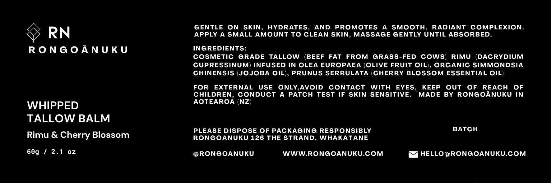 Rongoa Nuku rimu & cherry blossom whipped tallow balm label with product details and branding.