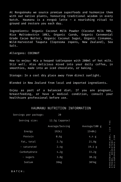 Haumanu Rongoā Latte Powder nutritional label and preparation instructions, showing ingredients, serving size, and usage guidance on the packaging.”