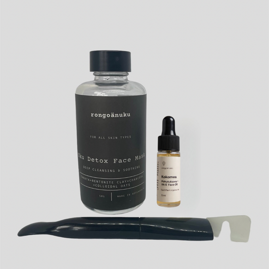 Detox face mask bottle with 5ml dropper bottle of Kokomea Face Oil and silicone face mask applicator