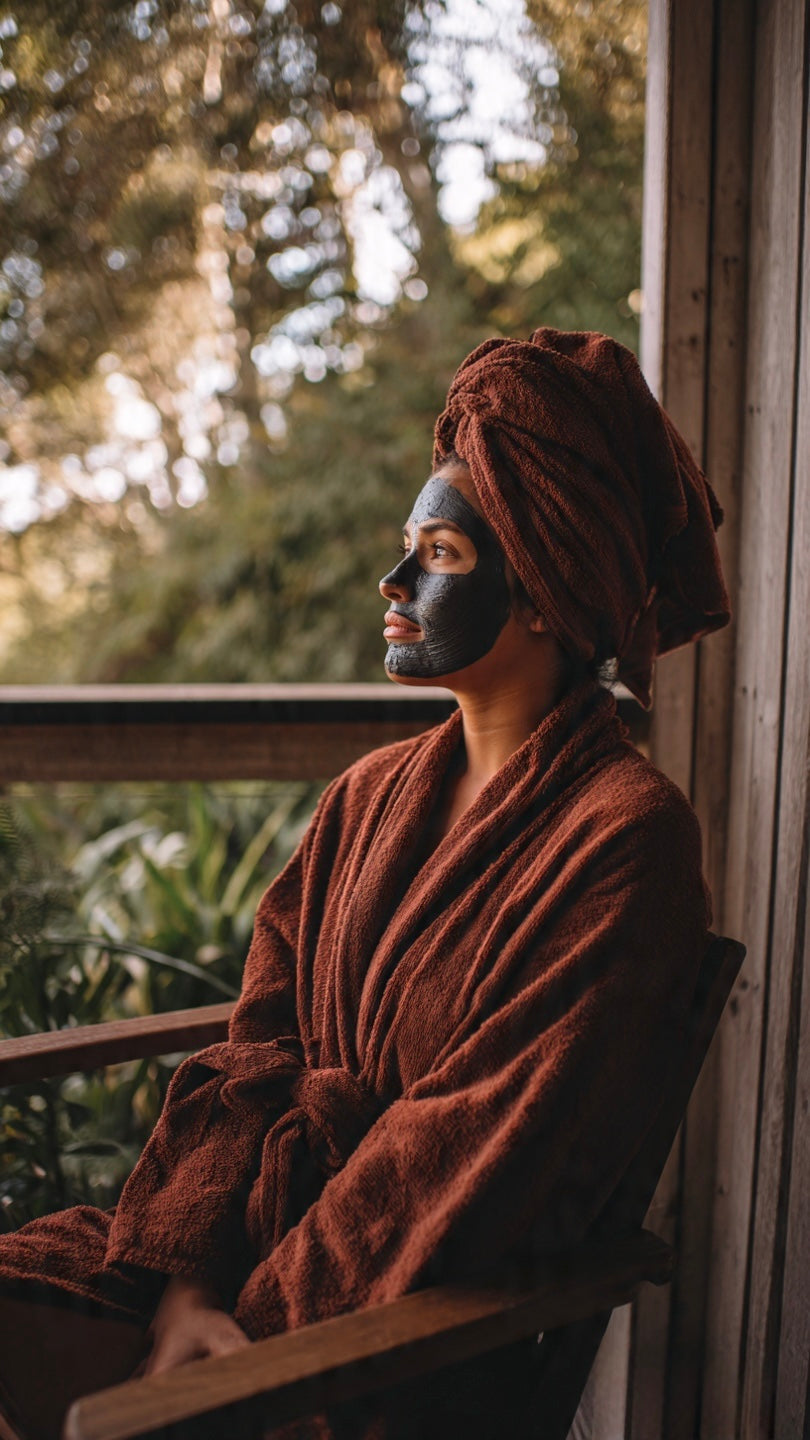 Person wearing a brown robe and towel, sitting on a wooden bench with a natural background.  She has a detox charcoal face mask on.