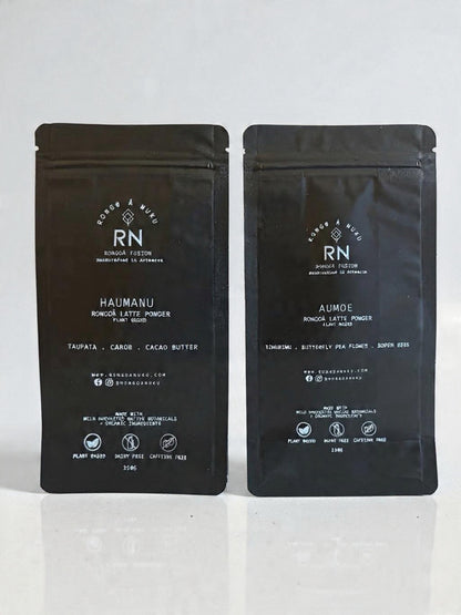Superfood latte powders infused with rongoa - native botanicals.  Caffeine free, vegan, organic + wildharvested ingredients.