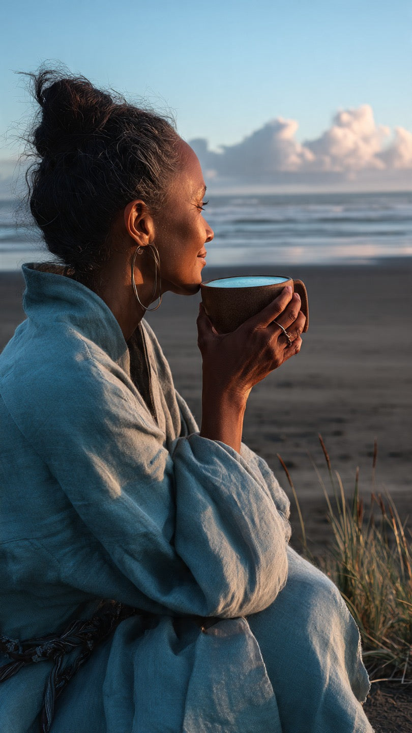 Woman in a robe holding a mug on a beach at sunset