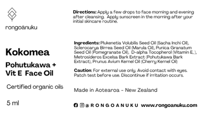 5ml Kokomea Face Oil product label, ingredients, directions and cautions