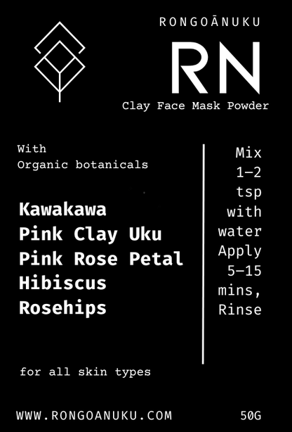 Pink Clay & Kawakawa Face Mask Powder product label with instructions and ingredients