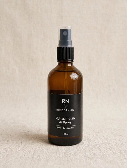 An amber glass spray bottle of Rongoanuku Magnesium Oil Spray with a black label and spray nozzle, set against a neutral beige textured background.