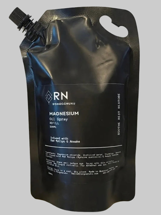 Black magnesium oil spray refill pouch with branding on a white background