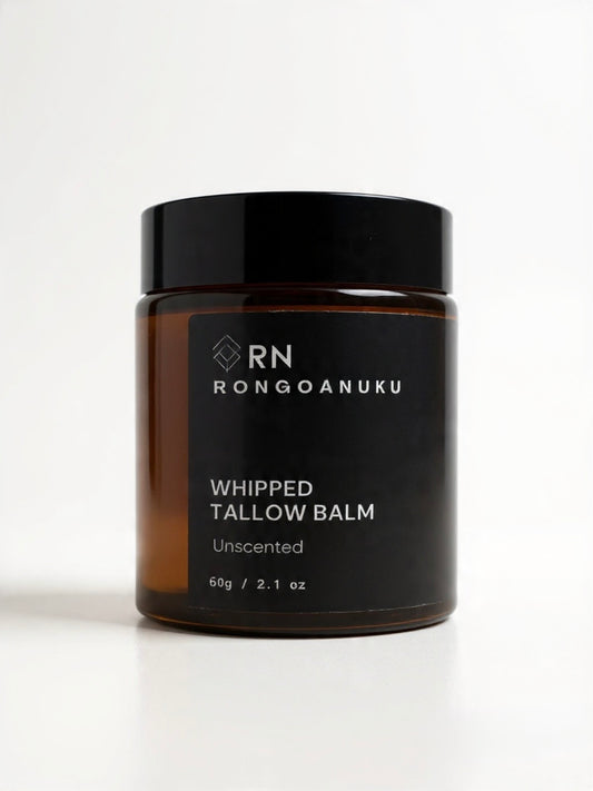 Jar of Rongoanuku unscented whipped tallow balm on a white background