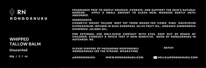 Product label for RN Rongoônuku unscented Whipped Tallow Balm with text and branding details.