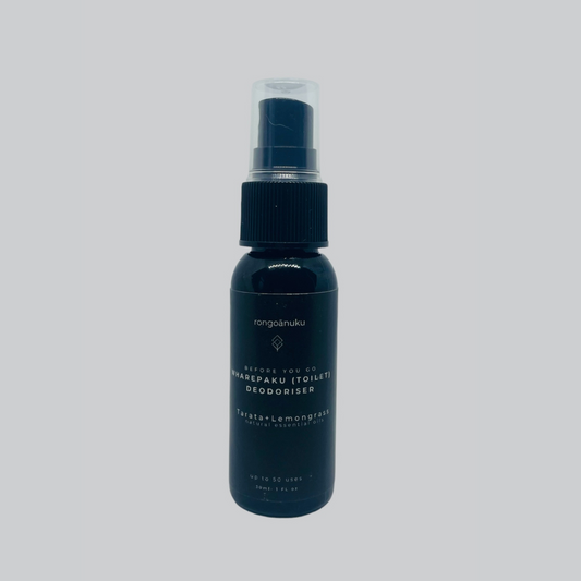 Black bottle of toilet deodoriser with a clear plastic lid