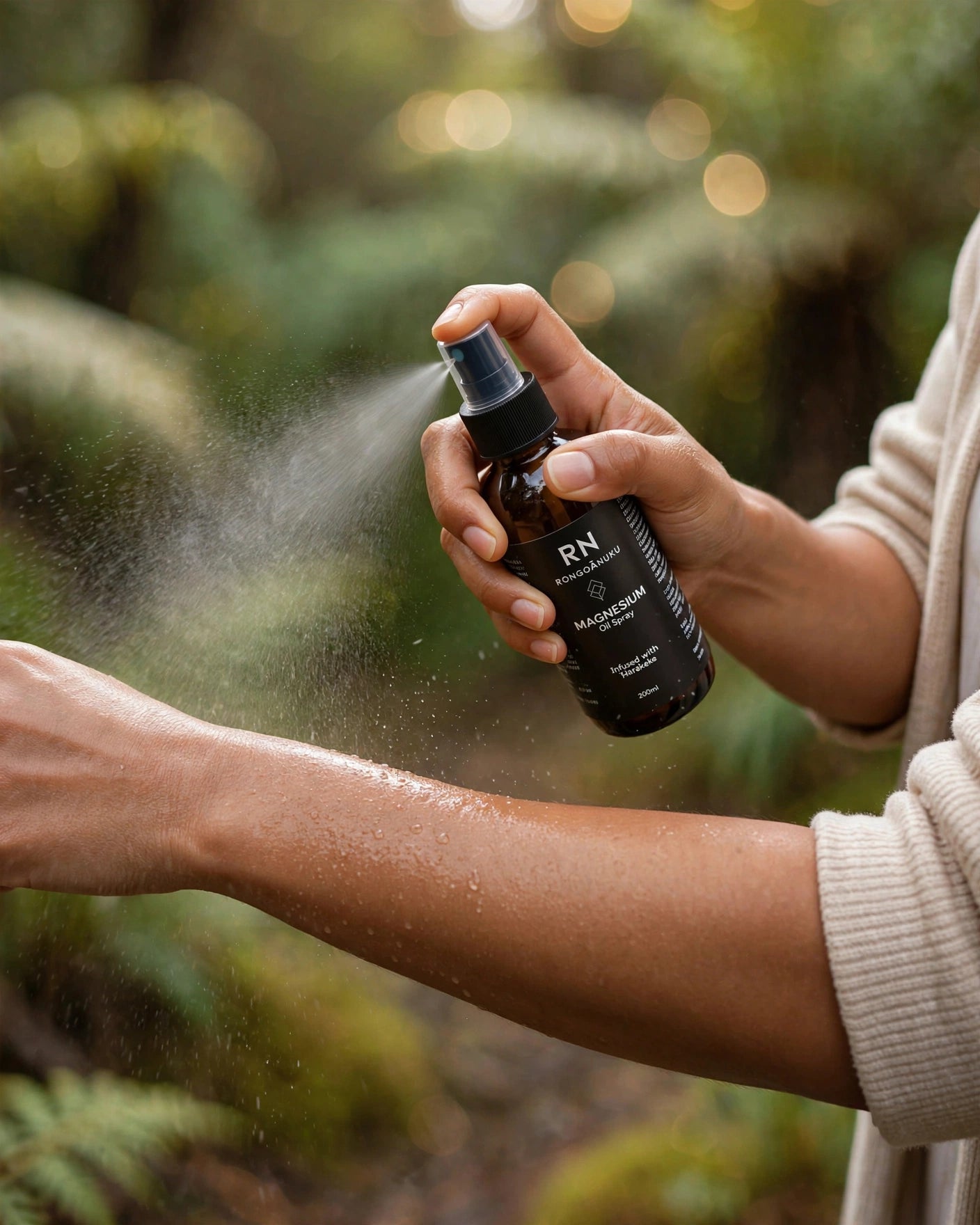A person outdoors sprays a dark amber bottle labeled RN Magnesium oil onto their arm, with mist visible against a blurred green forest background.